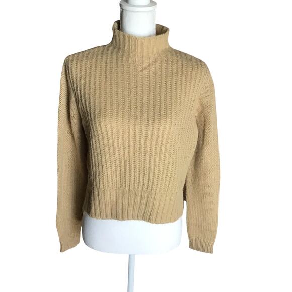 Project Naadam Womens Size XS Camel Open Knit Turtleneck Sweater Short Poncho - Picture 4 of 11